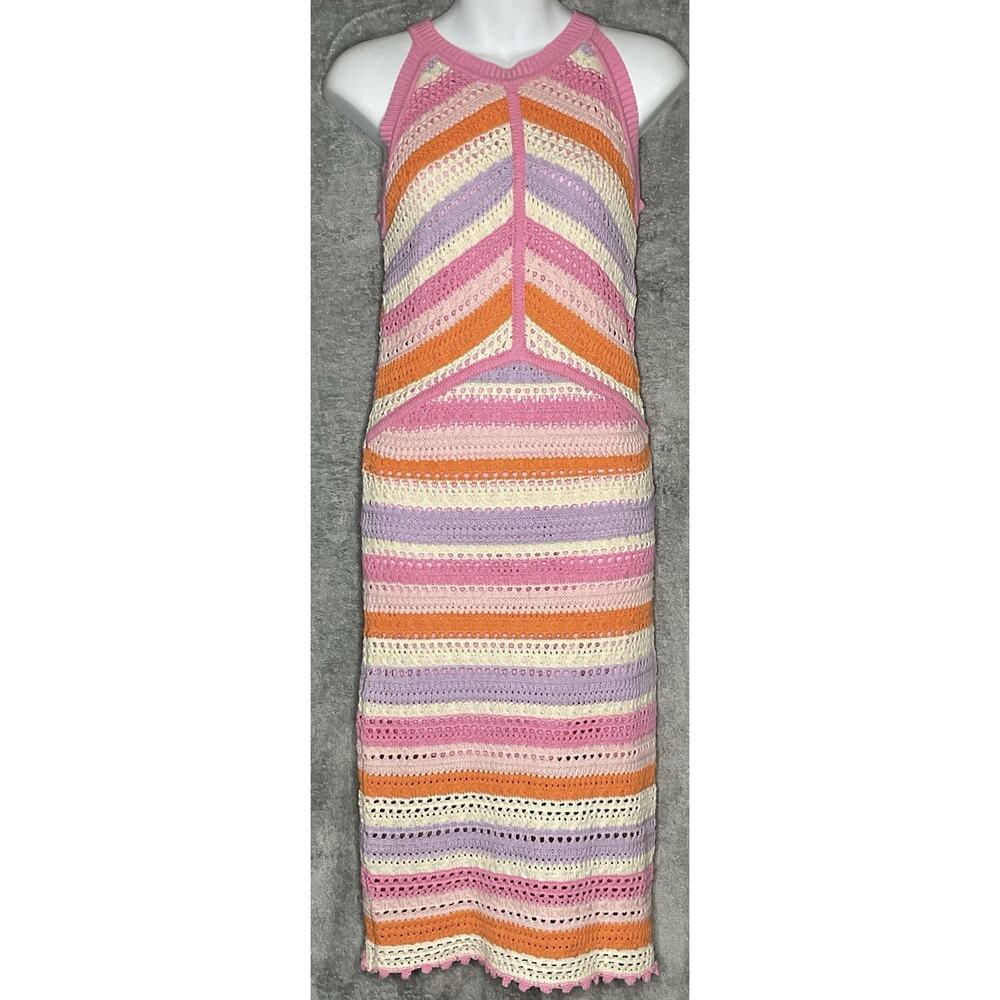 Willow & Wind Womens Medium Pink Orange Purple Dress Striped Knit Midi Bodycon
